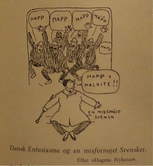 Swedish cartoon reprinted in “Sports-Magasinet” showing a Swedish spectator being unsettled by a chorus of Danish supporters 1915. “Sports-Magasinet”