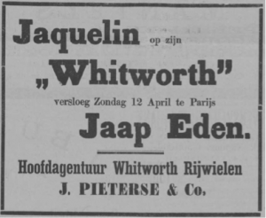 Whitworth advert from the Arnhemsche Courant, 1896- Jaquelin on his Whitworth on Saturday 12th April in Paris beat Jaap Eden