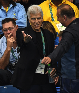 Mark Spitz is seen in the crowd at the Olympics Aquatic Stadium, Rio 2016