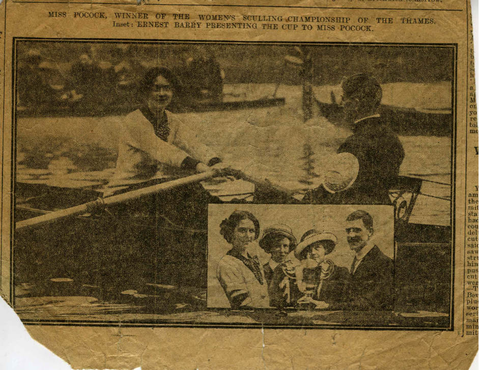 Newspaper image of Lucy Pocock racing, and being presented with her trophy, following the 1912 Women’s Sculling Championship © River & Rowing Museum