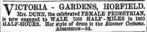 an advertisement for a well-dressed female pedestrian - Jane Dunn’s 500-mile walk at a pleasure garden (Bristol Mercury, 2 September 1854)