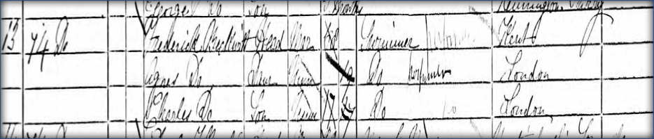Extract from 1881 census – Fred, Agnes and Charles Beckwith – originally noted as a Swimmer, the transcriber has ignored the words swimmer and ditto, transcribed the word performer as ‘perfumer’ which was then erroneously recorded as the occupation of the family members.