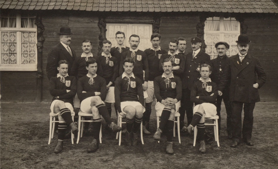 Image 6- Meerum_Terwogt; Caption- H.A. Meerum Terwogt as a linesman during the 1911 Belgium v Netherlands game (standing, fourth from right)