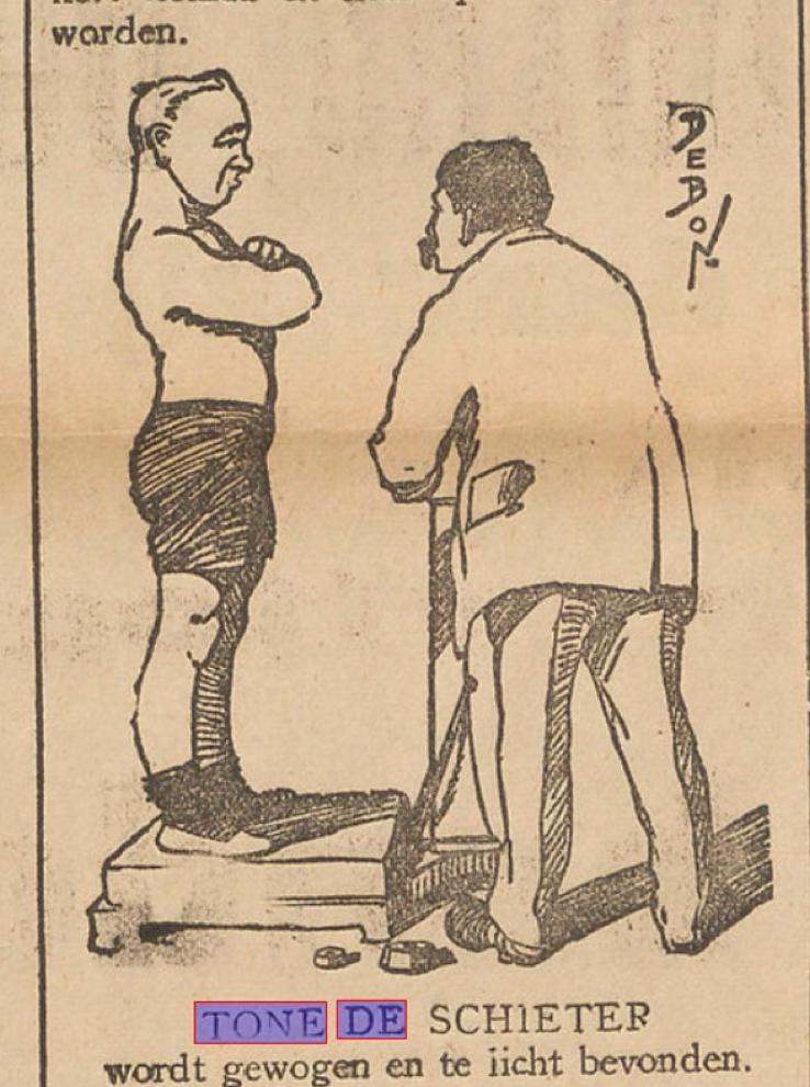 Sportvriend-contributor nicknamed ‘Tone de Schieter’ in a 1913 Sportwereld-caricature. The caption translates as ‘tried (lit. weighed) and found wanting.
