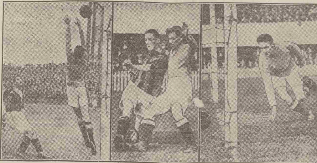 Left – a shot by Alex Jackson hits the crossbar, while Walter Jackson watches on. Centre – Alex Jackson tackles Hopewell. Left – Walter Jackson’s first goal Aberdeen Press and Journal – 22nd September 1924