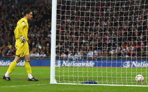 Scott Carson forlornly looks at the ball in the net from Croatia’s Niko Kranjcar