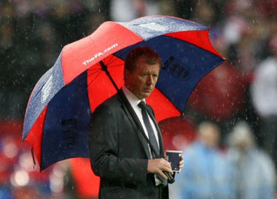 Steve McLaren – trying to stay dry!!!