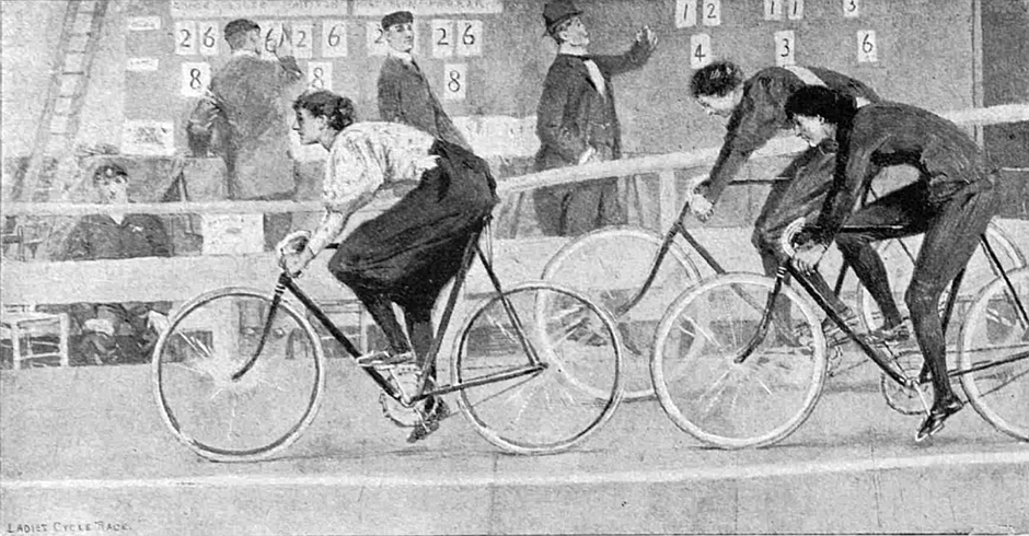 A drawing depicting women’s cycle racing at the Royal Aquarium. Source- © British Library Board (The Graphic, 2 January 1897, p. 4)
