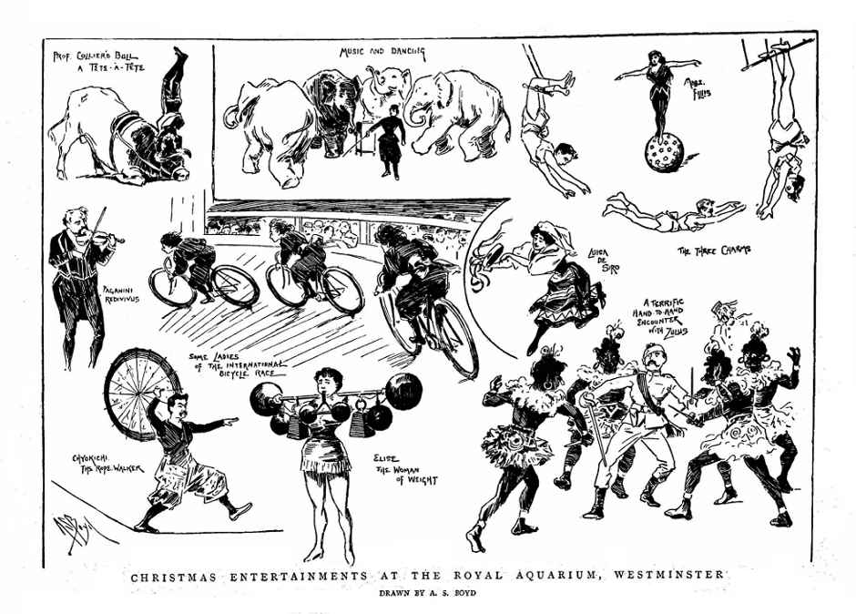 A sketch in The Graphic illustrating the novelty acts at one six-day race. Source- © British Library Board (The Graphic, 4 January 1896, p. 14)