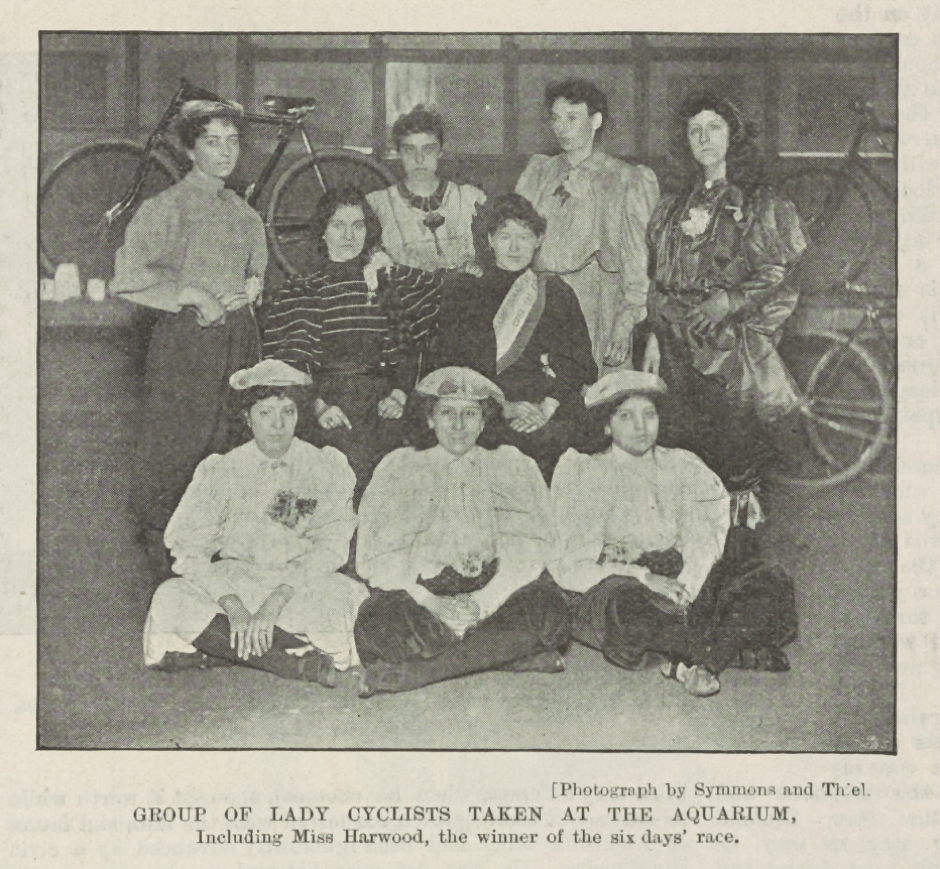 Riders from the first six-day race at the Royal Aquarium. Monica Harwood is second left, back row. Source: Reproduced by kind permission of the Syndics of Cambridge University Library (NPR.B.443, The Queen: The Lady’s Newspaper, 7 December 1895, p. 1095)