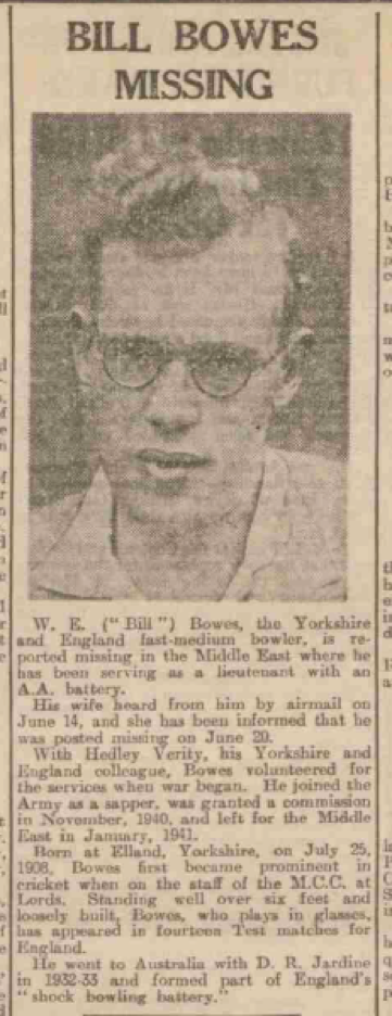 “Bill Bowes Missing” (Dundee Evening Telegraph of Monday 13 July 1942)