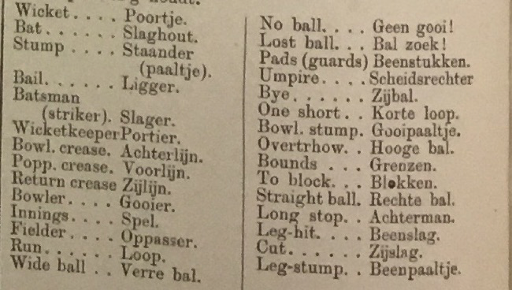 A suggestion for some English -Dutch cricket translations Source- Nederlandsche Sport, 08:03:1884 [no page number]