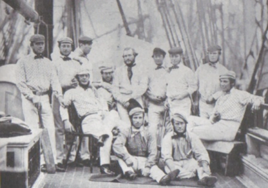 The first English touring team pictured on board ship at Liverpool: Standing left–right: Robert Carpenter, William Caffyn, Tom Lockyer; Middle row left-right: John Wisden, HH Stephenson, George Parr, James Grundy, Julius Caesar,  Thomas Hayward, John Jackson; Front row left-right: Alfred Diver, John Lillywhite.