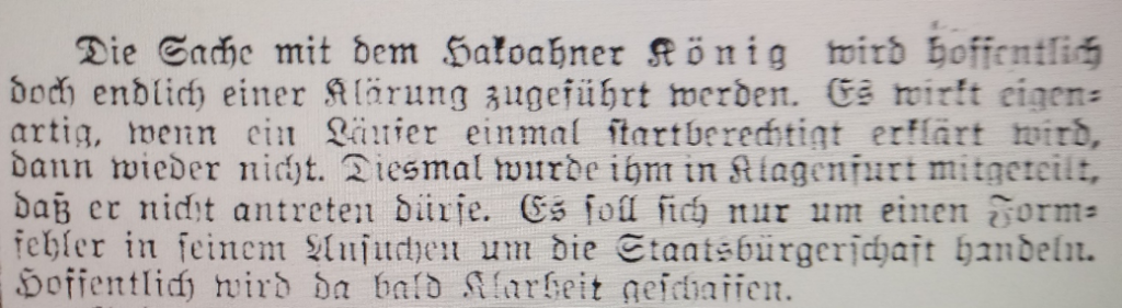 Excerpts of article in Sport Tagblatt (28 July 1937) reporting that König has been stopped from starting in Klagenfurt for failure in formalities “formfehler”